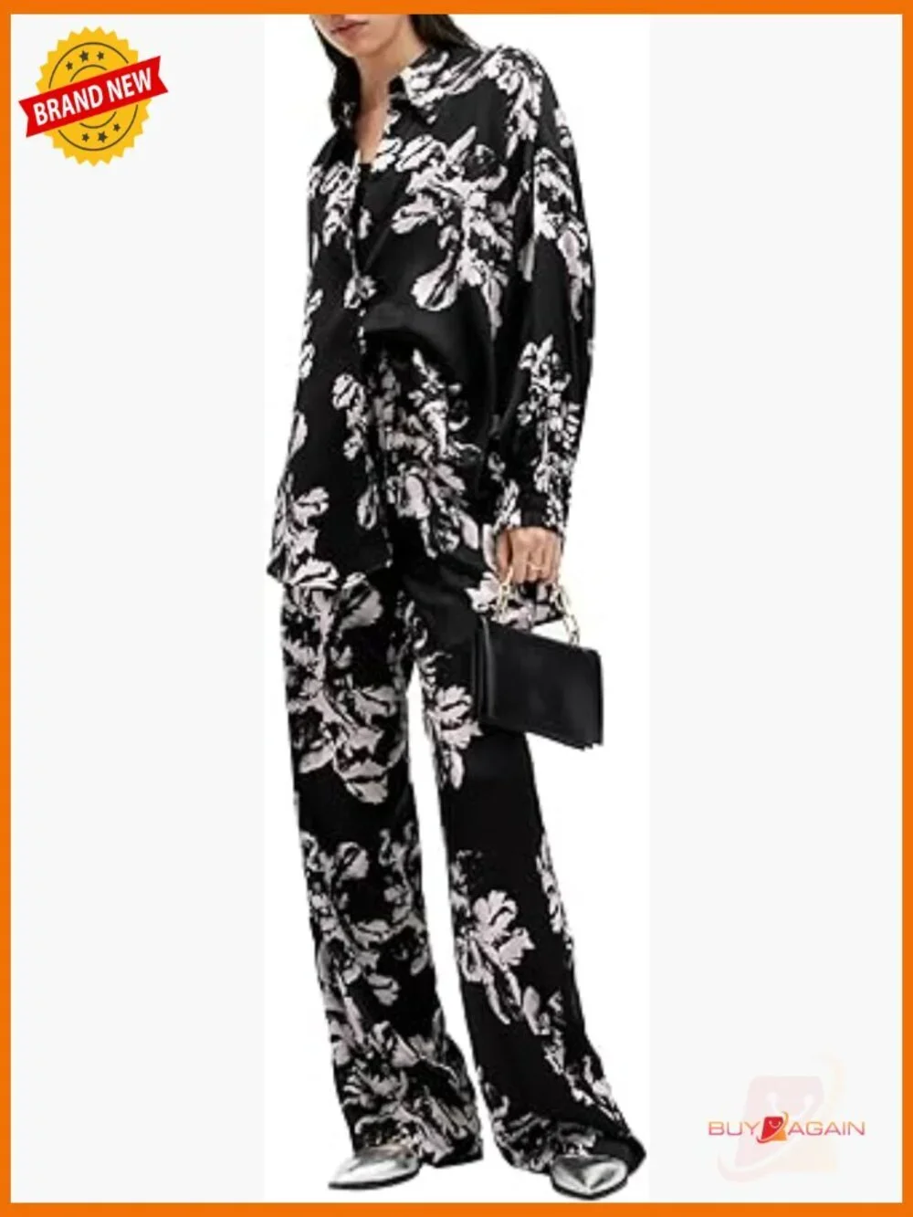 Silk Blend Button Down Shirt Relaxed Fit Long Sleeve Shirred Cuffs